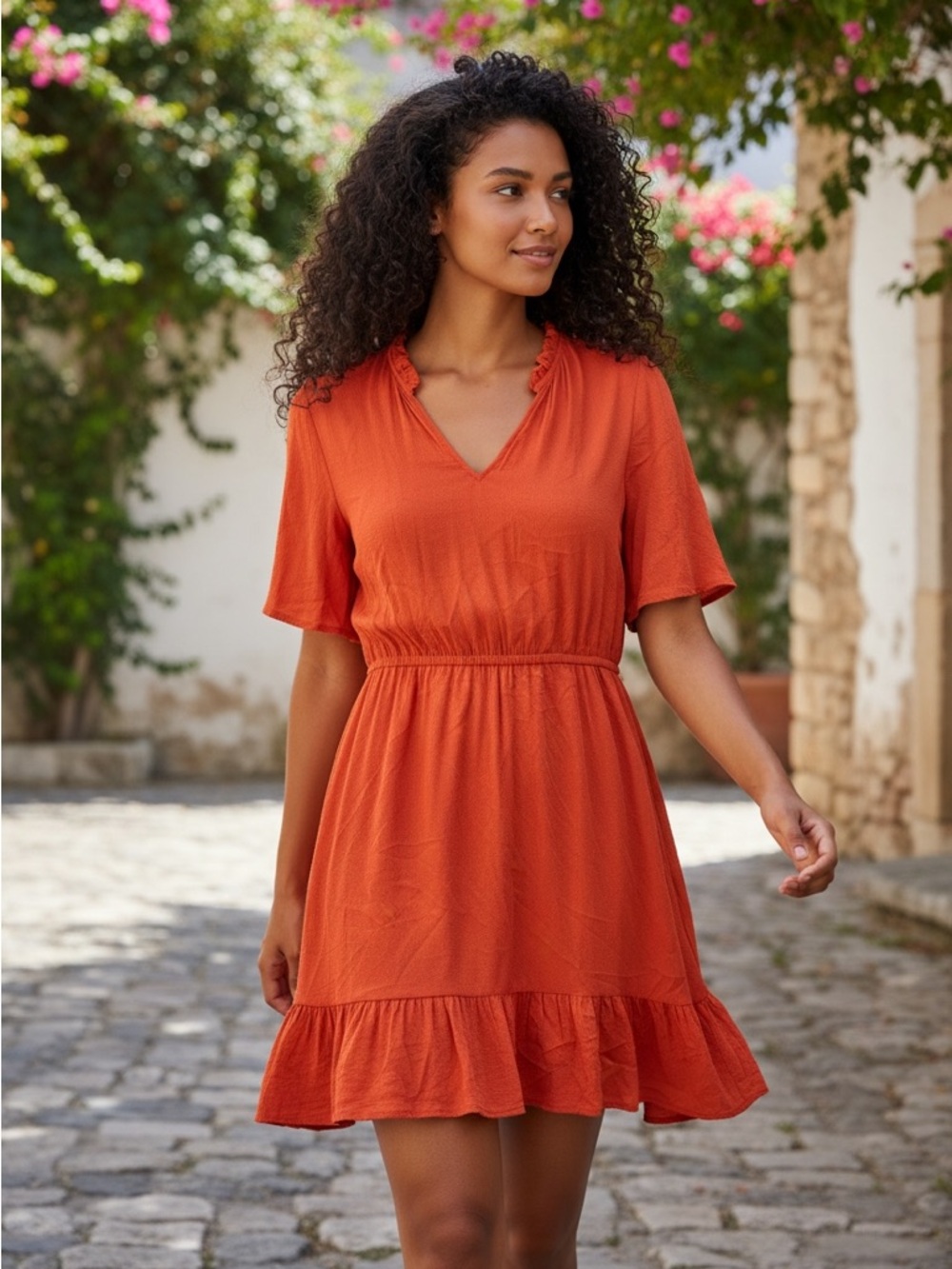 Knox Rose Terracotta V-Neck Flutter Sleeve Mini Dress